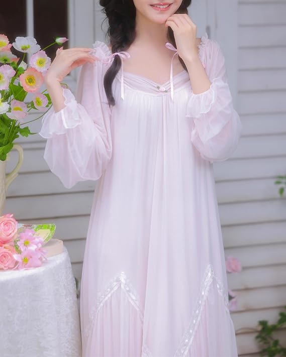 Women's Vintage Victorian Nightgown Long Sleeve Nightdress Cotton Sleep Dress