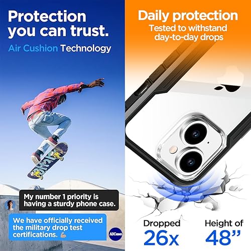 Miniatura 6 de AICase Funda para iPhone 15 de titanio a prueba de golpes, transparente, de grado militar, prueba de caídas de 20 pies, marco de aluminio duradero,