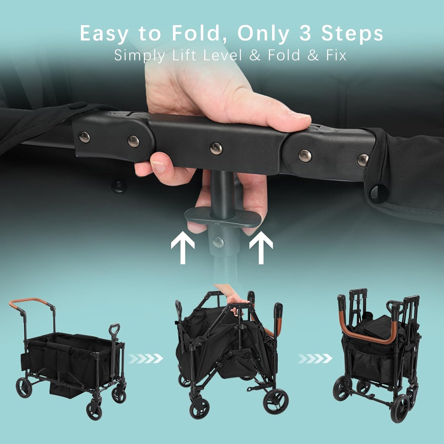 Stroller Wagon for 4 Kids, Foldable All Terrain Wagon for Kids, with Removable Canopy, Adjustable Push and Pull Handle, 5 Point Harnesses, Large Storage Bag