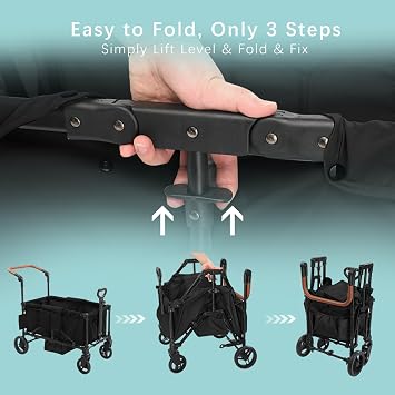 Stroller Wagon for 4 Kids, Foldable All Terrain Wagon for Kids, with Removable Canopy, Adjustable Push and Pull Handle, 5 Point Harnesses, Large Storage Bag