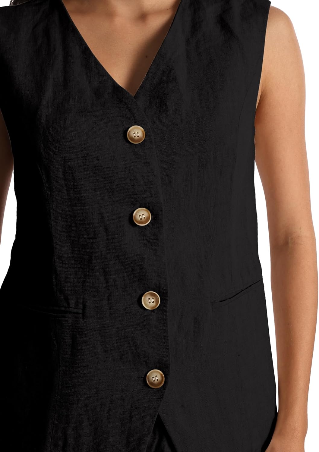 Womens Thick Pure Linen Medium Long Vest With Pockets And Button Closure