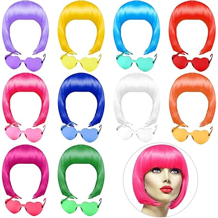 MTLEE 16 Pack Party Wigs and Sunglass Set Colorful Party Wigs Neon Short Bob Hair Wigs Funky Party Hairpieces with Rimless Heart Shape Sunglasses for Bachelorette Neon Cosplay Party Favors Supplies