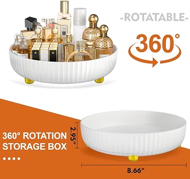 ARSTPEOE Banyo Düzenleyicileri ve Depolama - 360° Dönen Saklama Tepsisi, Lazy Susan Organizatör, Kozmetik ve Parfüm Düzenleyici, Kozmetik ve Cilt Bakım Ürünleri için Masaüstü Saklama Tepsisi, Beyaz