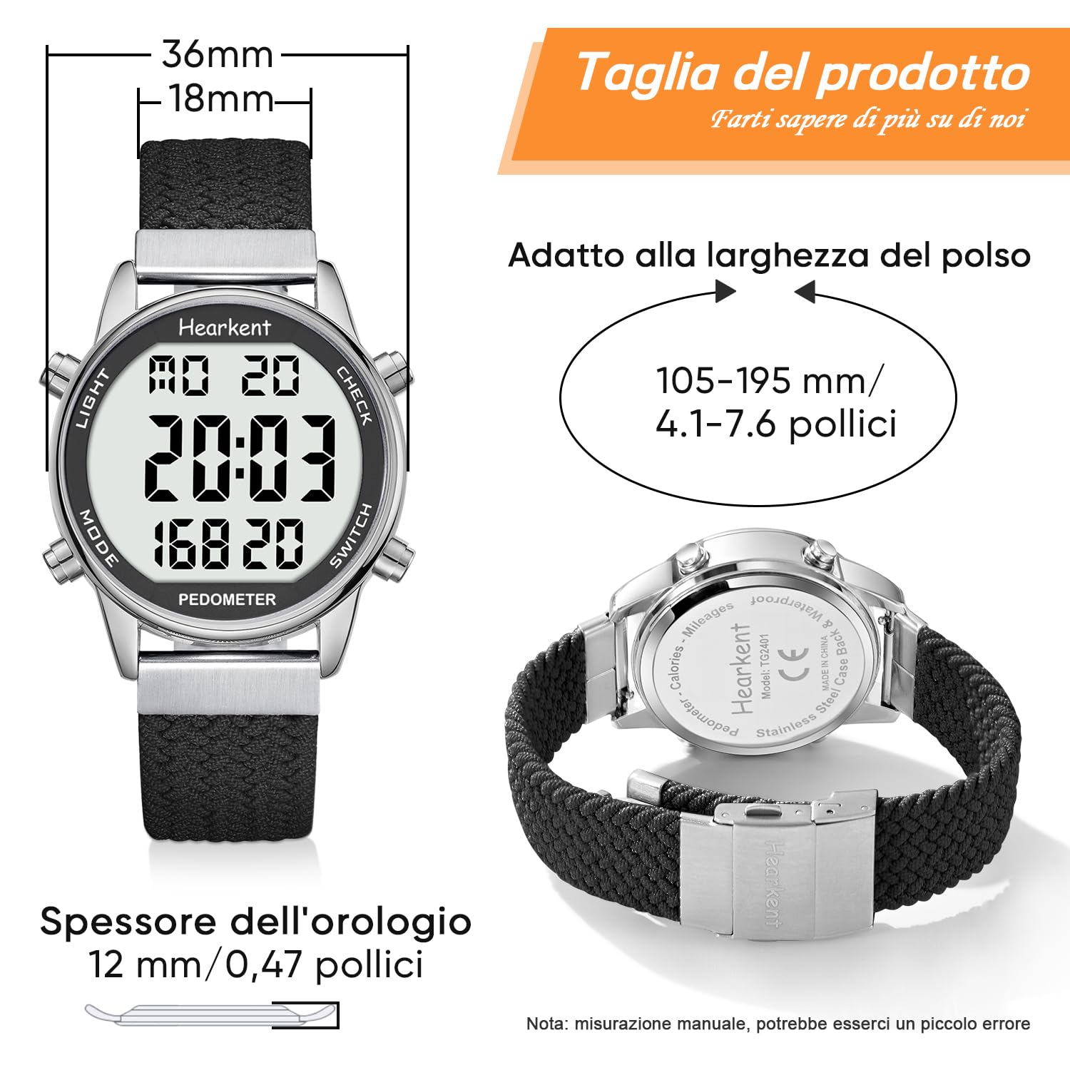 Hearkent Orologio contapassi pedometro da donna, goderti passi, chilometraggio, calorie, conto alla rovescia, sveglia e altre funzioni. Nessuna app, ricarica richiesta o bluetooth, 2401