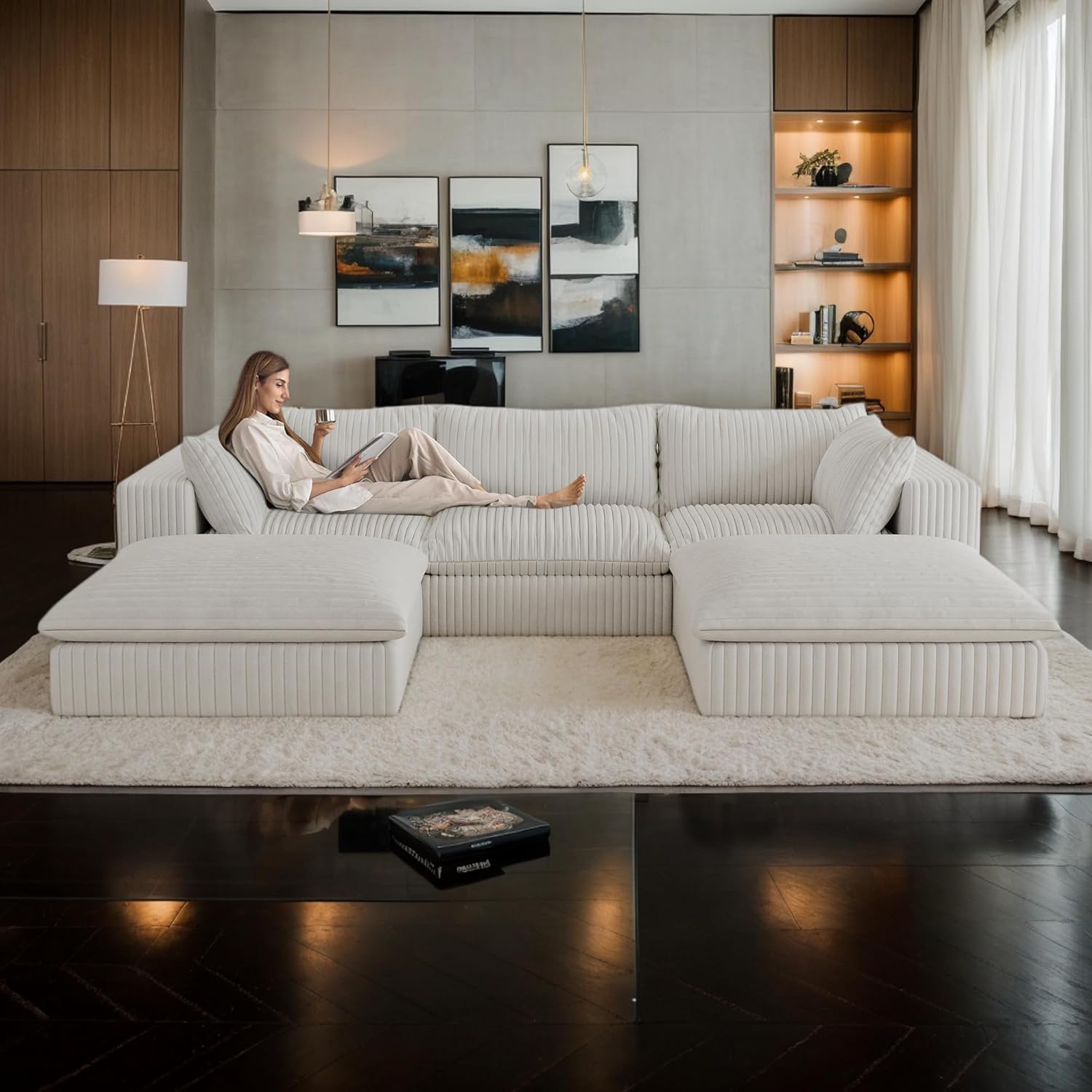 118" Corduroy Modular Sectional Boneless Sofa Couch, Oversized 3-Seater Cloud Couches with Removable Cushion & 2 Ottoman, No Assembly Required, U Shape Deep-Seat Fluffy Couches for Living Room (White)