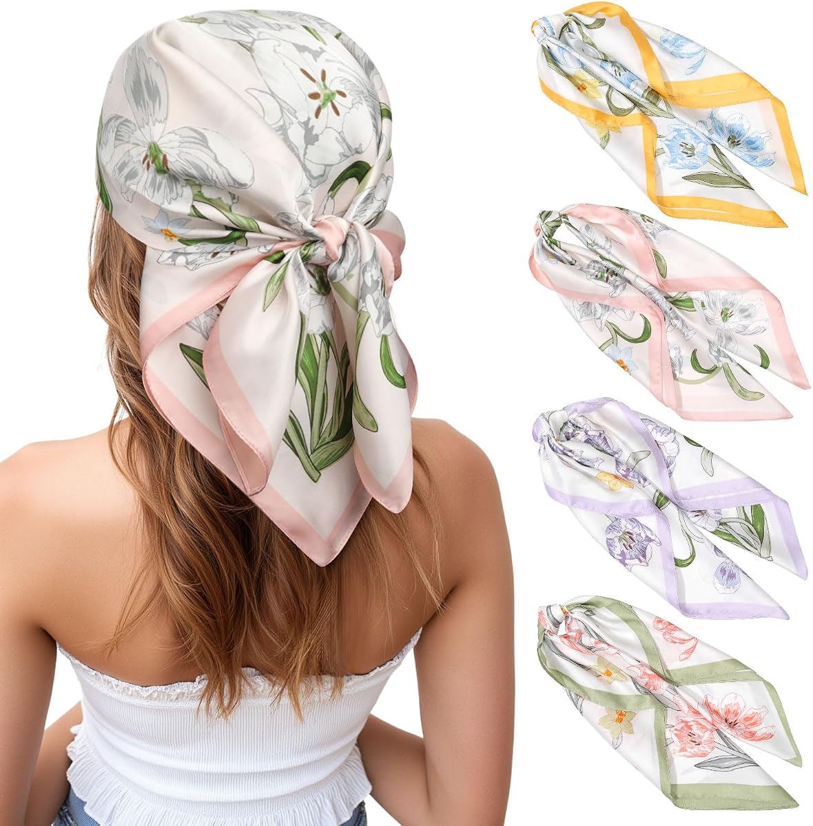 CHLINS Pañuelo cuadrado para la cabeza con sensación de seda de 27,5 pulgadas, 4 pañuelos cuadrados de satén para la cabeza para mujer, pañuelos para el cabello, pañuelo para la cabeza