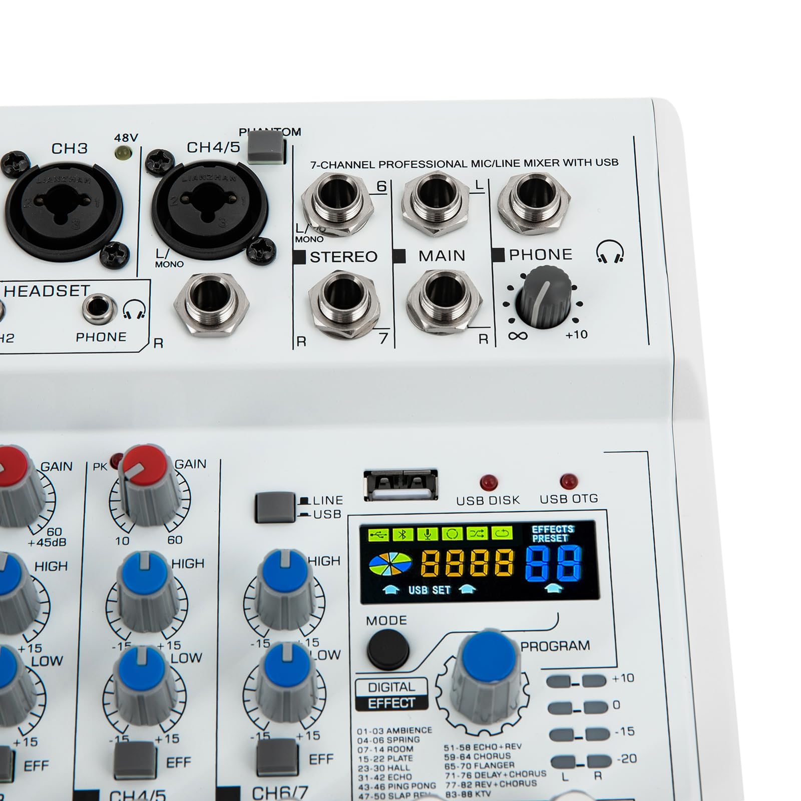 7 Kanal Mischpult, Audio Mixer mit 88 Digital-Effekte Farbdisplay Bluetooth-Kompatible Verbindung 7 Kanal Musik Mixer Studio Bluetooth Mini-Audio-DJ-Mixer