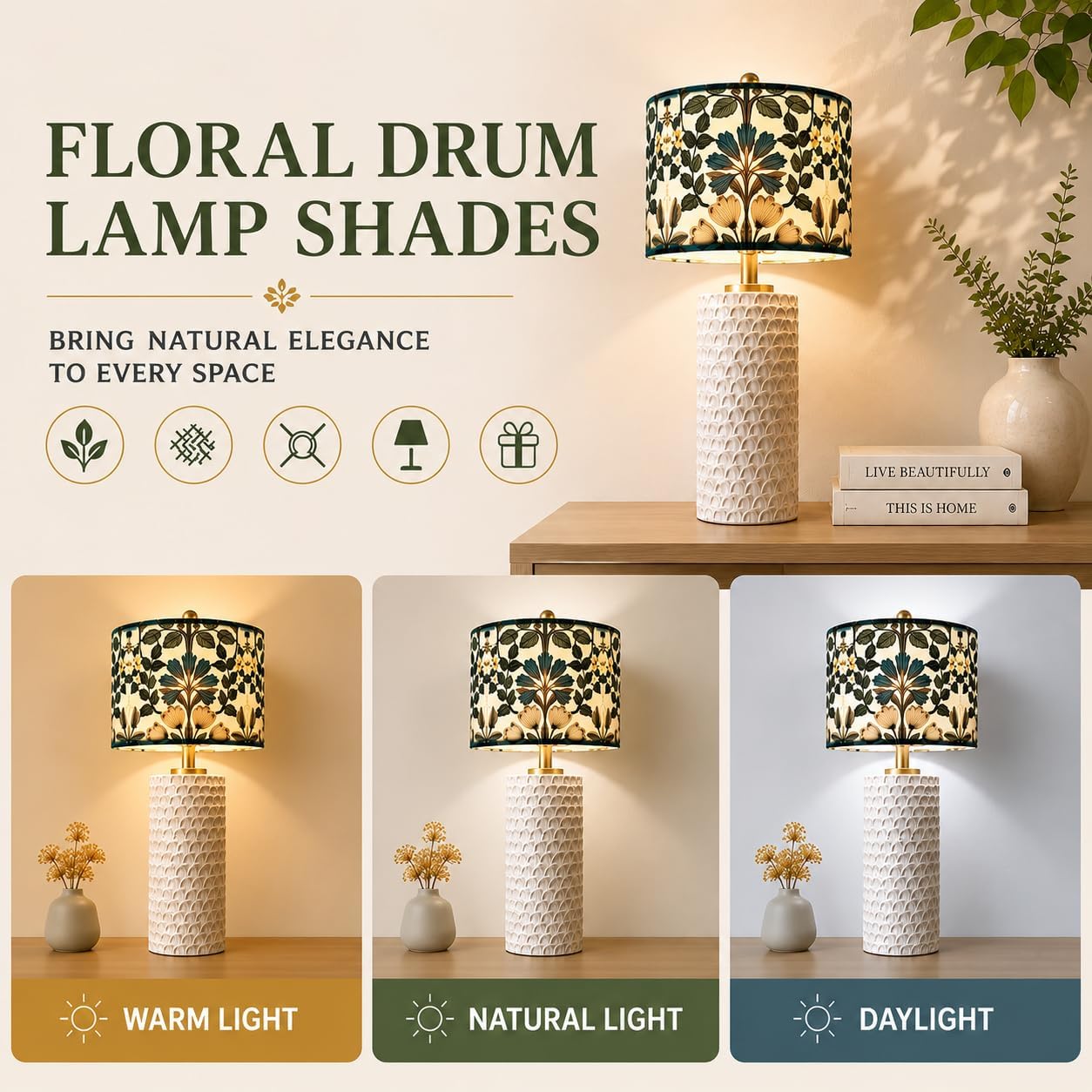 Drum Lampshade 13" Top x 13" Bottom x 10" Height, Medium Fabric Lamp Shade Replacement with Spider Fitter, Blue-Green Flowers Lamp Shade for Table Floor Lamp Bedroom Living Room
