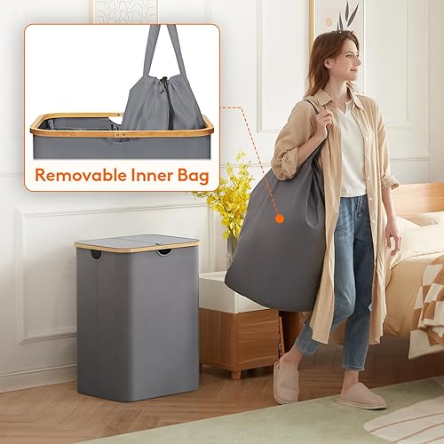 Miniatura 66 de Lifewit Cesta grande de 100 litros con tapa para ropa con asas de bambú y bolsa extraíble, plegable para dormitorio, baño, residencia universitaria