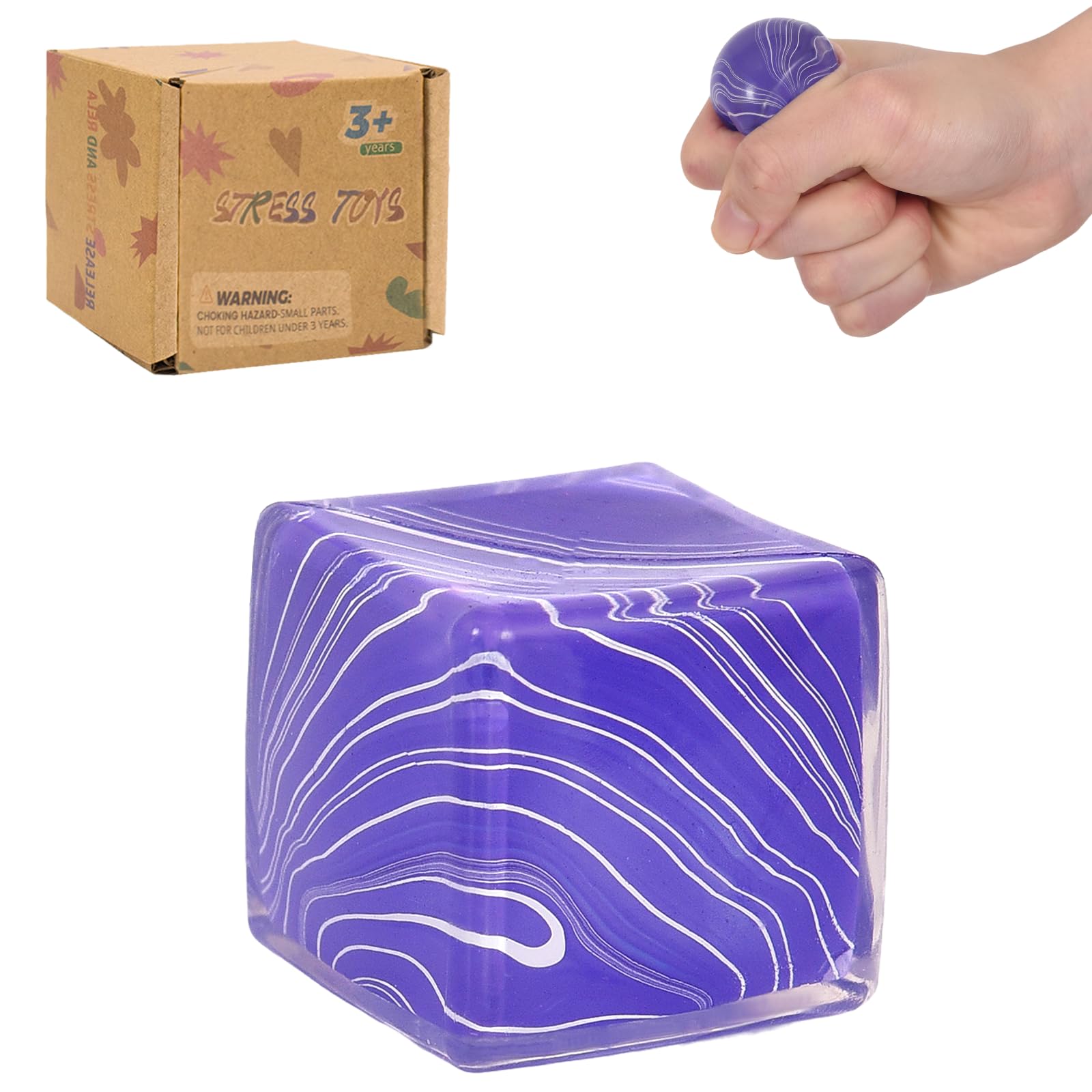Graphinza Squeeze Toys – Soft Stress Relief Toys 1.4in Cube for Autism Relief, Stress Balls for Adults and Children, Classroom Prizes – Durable Design, Not Easy to Fall Off (Purple White, Small)
