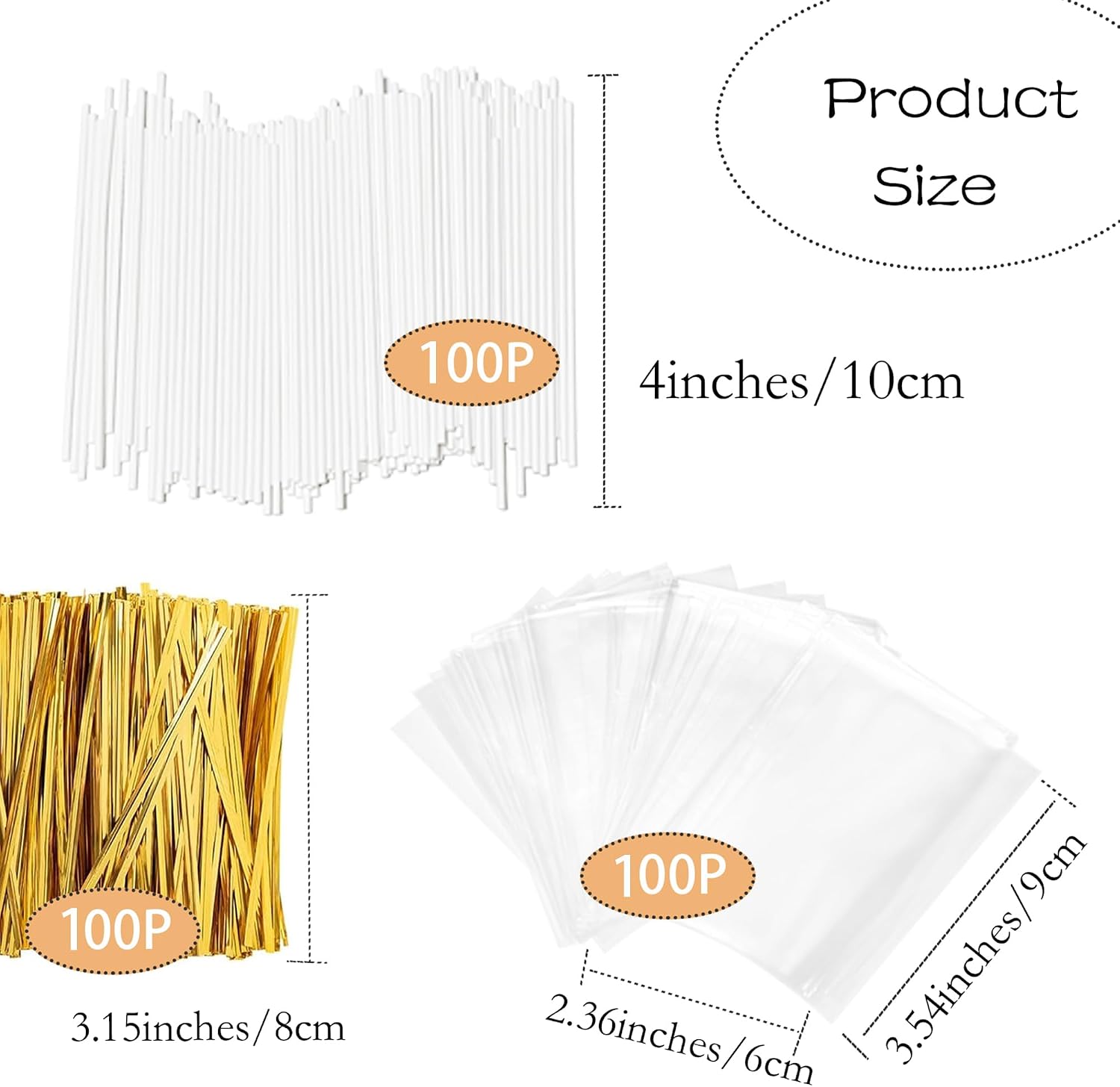 4-inch White Lollipop Sticks and Bags Set, 100Pcs Paper Candy Sticks,100Pcs Clear Bags, 100Pcs Twist Ties for Hard Candy, Chocolate, Cookie, Dessert (Gold)