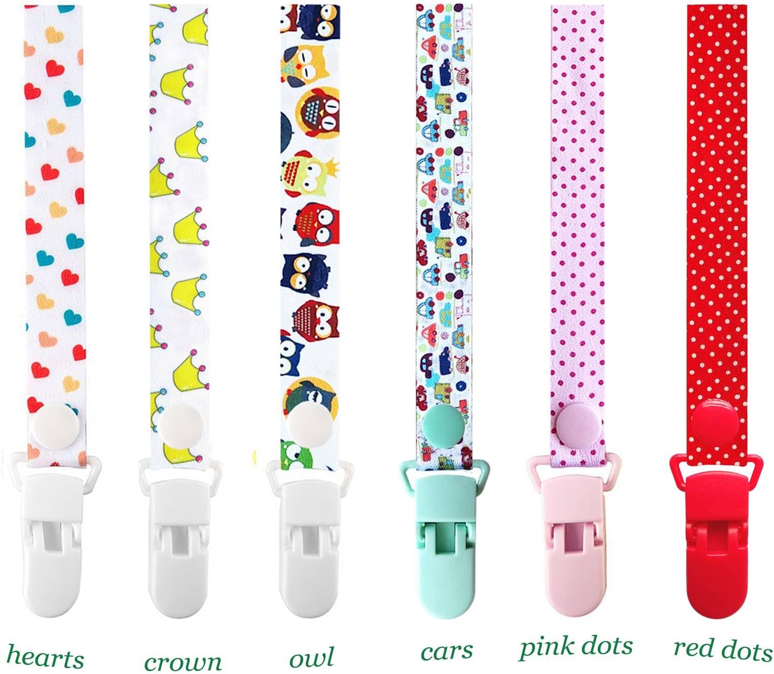 6 Pack Dummy Clips Pacifier Holder Strap, Goldore Baby Teething Holder Fits All Pacifiers & Soothers for Girls and Boys, Adjustable Length (Girl)
