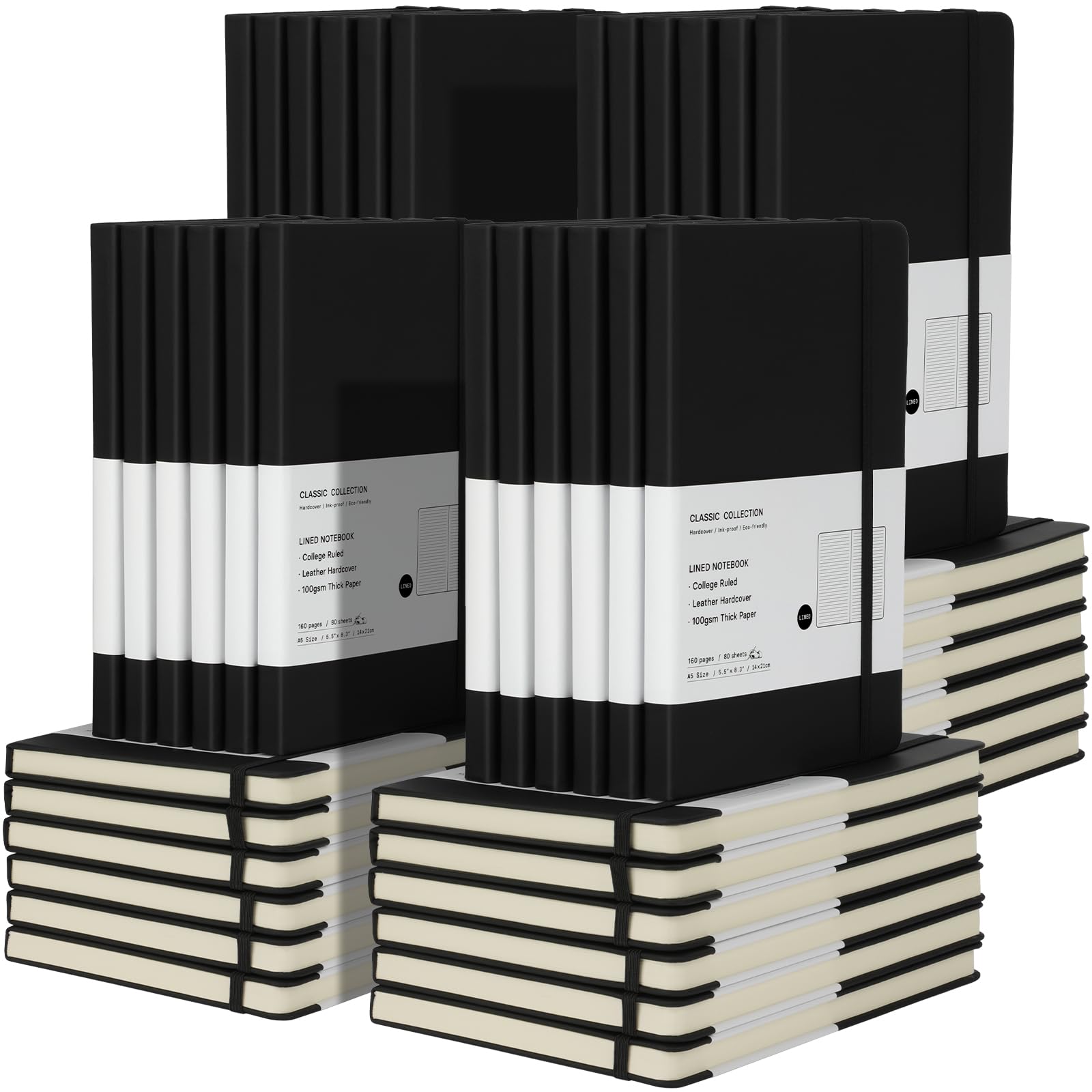 Coopay Paquete de 48 cuadernos clásicos con rayas universitarias, de tapa dura, con forro de piel sintética, para oficina, hogar, escuela, negocios, 8.3 x 5.5 pulgadas, papel grueso de 100 g/m², 160