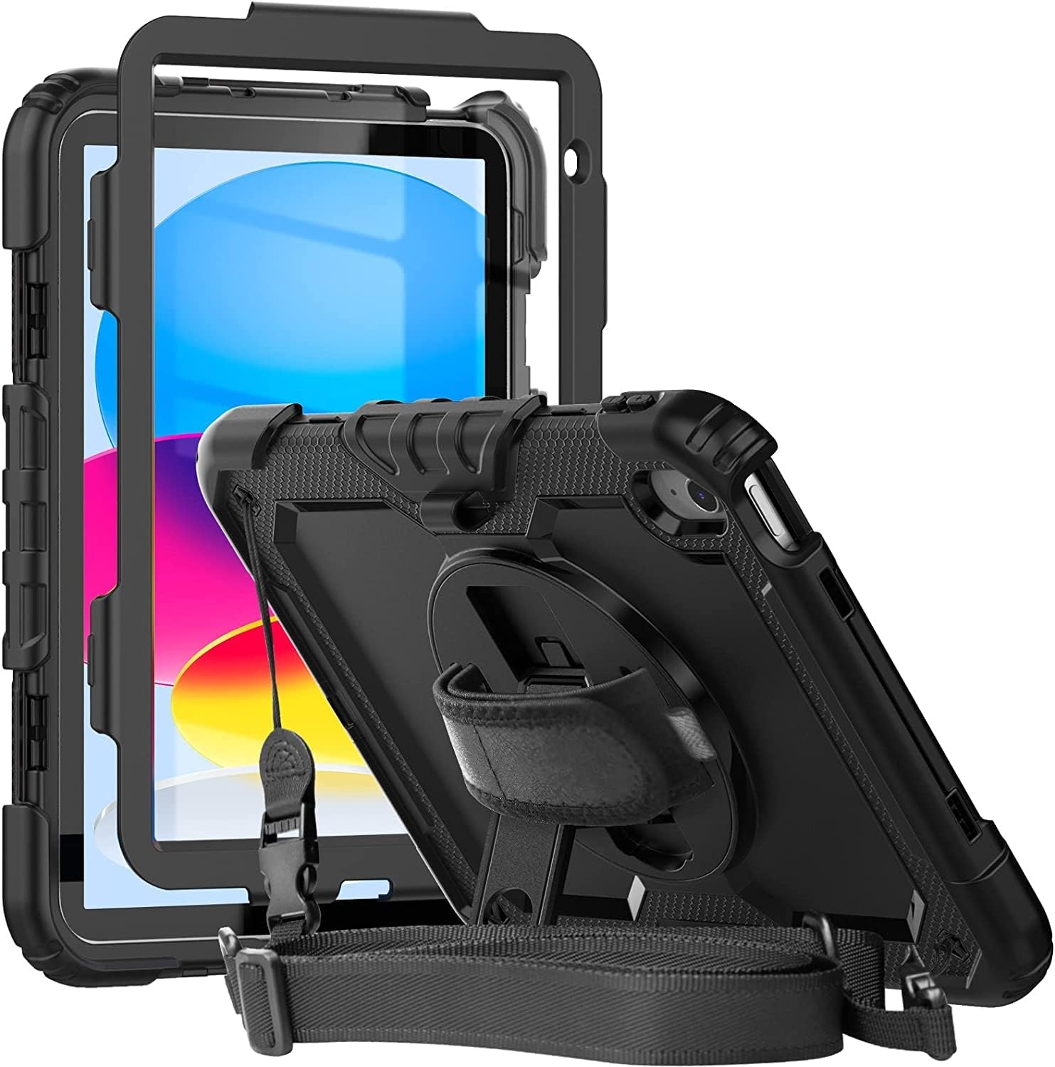 Herize iPad 10th/11th（A16) Generation Case 10.9 Inch with Scren Protector Pen Holder | iPad A2757/A2777 Case | Heavy Duty Rugged Protective Cover W/Handle&Sholuder Strap for iPad 2022/2025 | Black