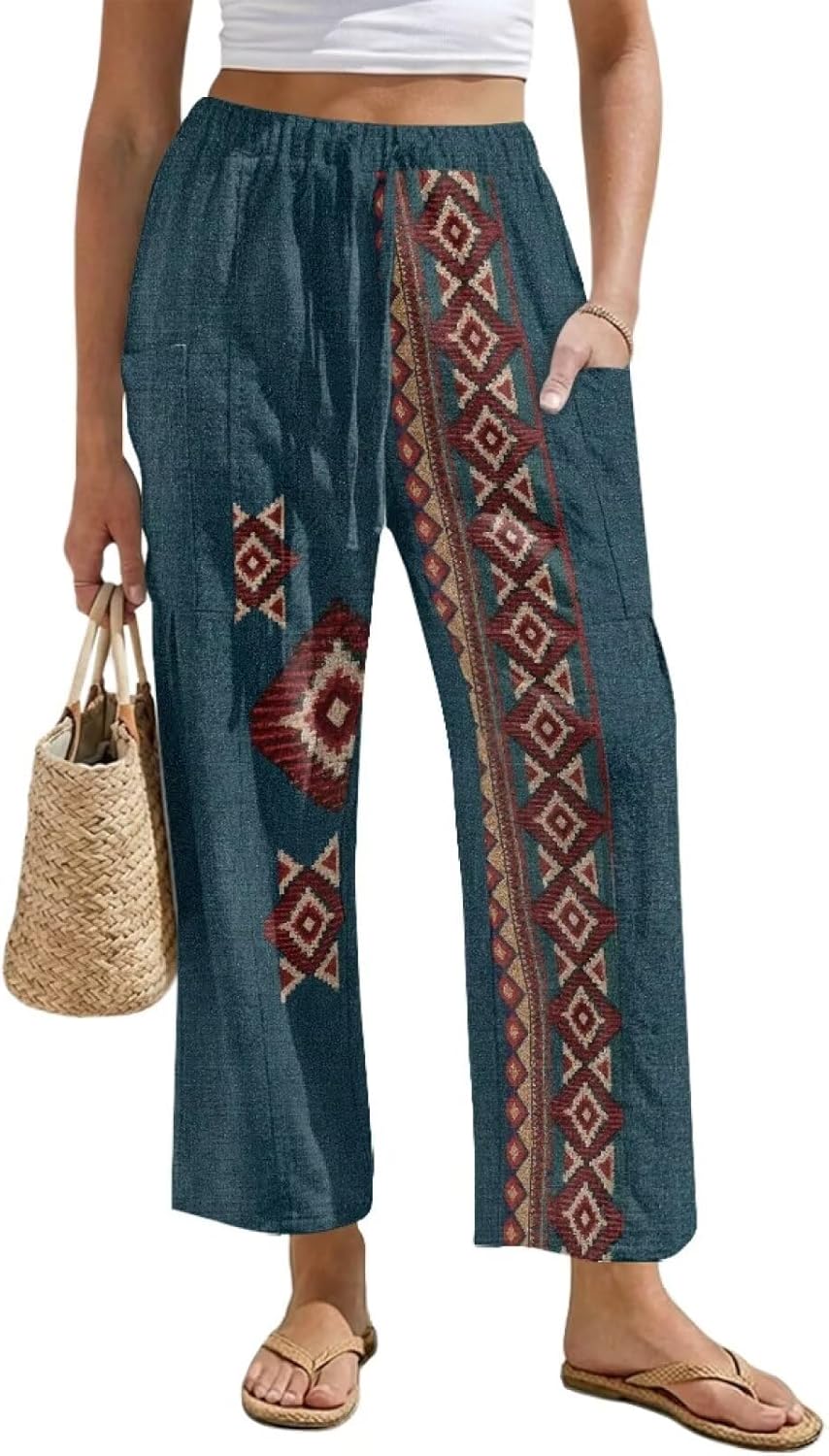 POLERO Wide Leg Floral Womens Linen Pants with Pockets High Waisted Boho Palazzo Pants for Women