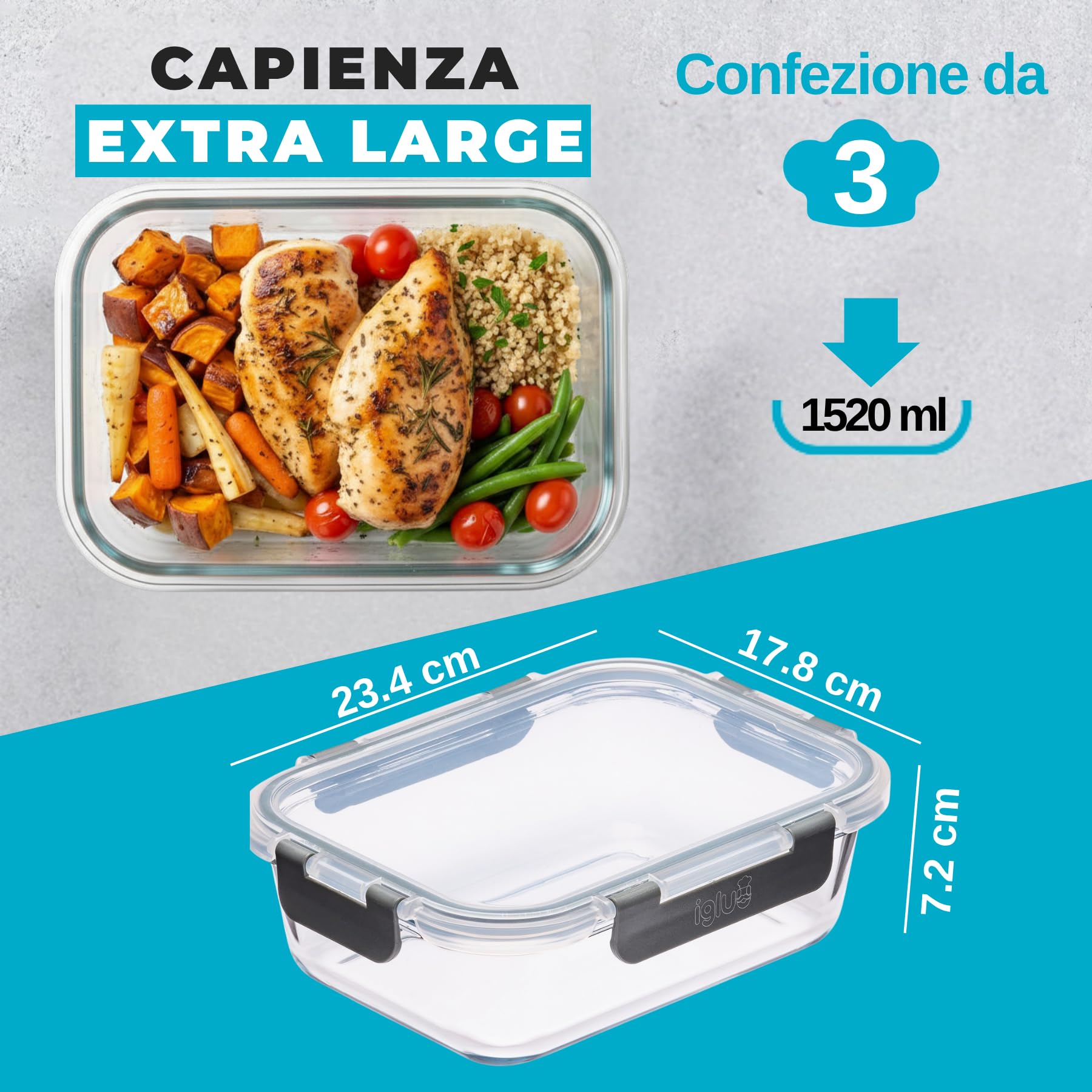 Igluu Meal Prep Contenitori Vetro per Alimenti Grandi (Set da 3) – 1520ml