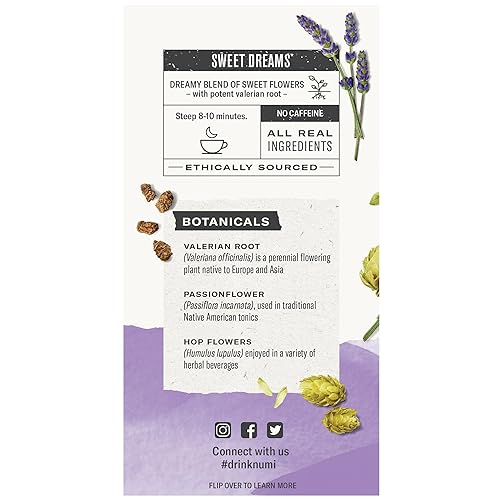 Vista 4 de Numi Té orgánico Sweet Slumber, raíz de valeriana, manzanilla y lavanda para dormir, 16 bolsas de té (paquete de 3), el embalaje puede variar
