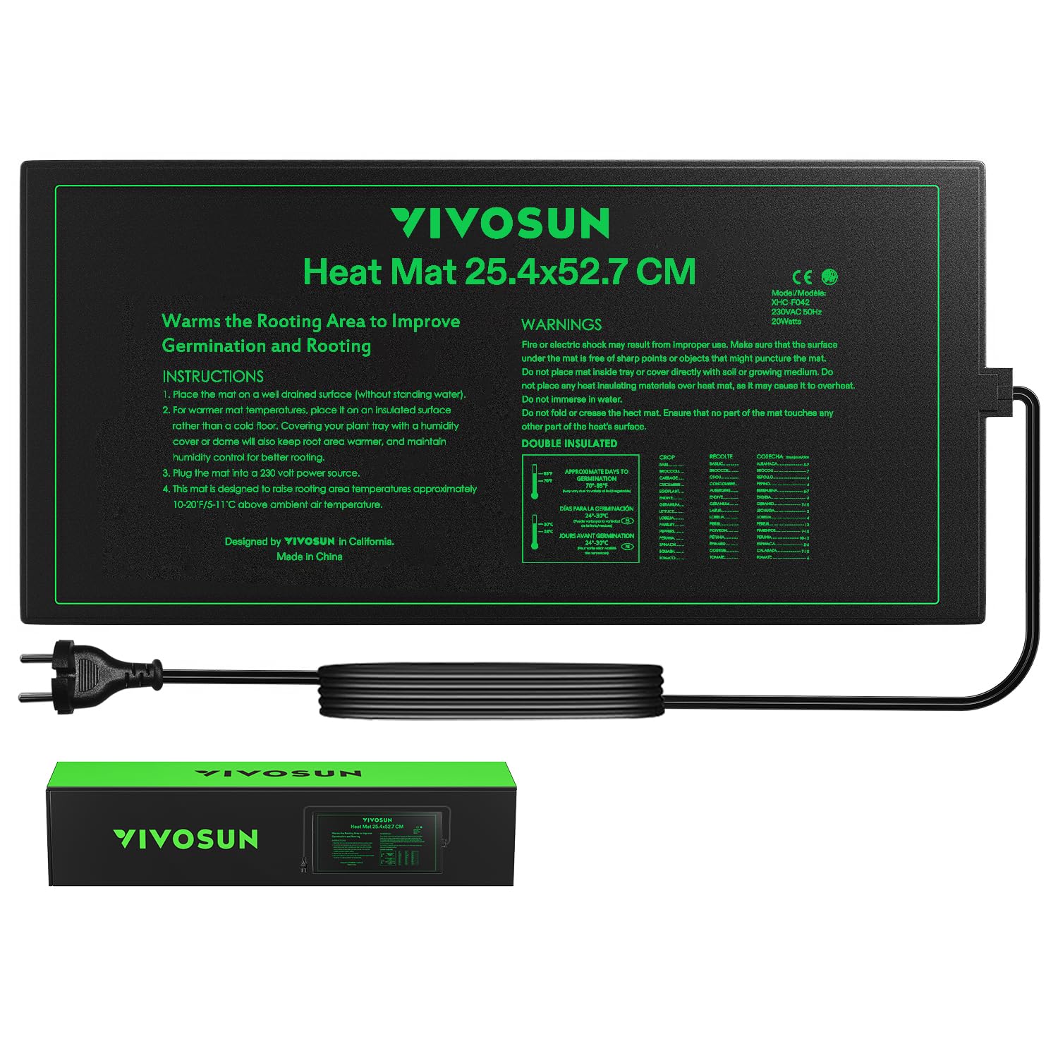 VIVOSUN Heizmatte 25,4x52,7cm für Setzlinge, Wasserdichte Wärmematte UL & MET Zertifiziert, Pflanzen-Heizmatte für Keimung, Hydroponik, Indoor Garten & Gewächshaus
