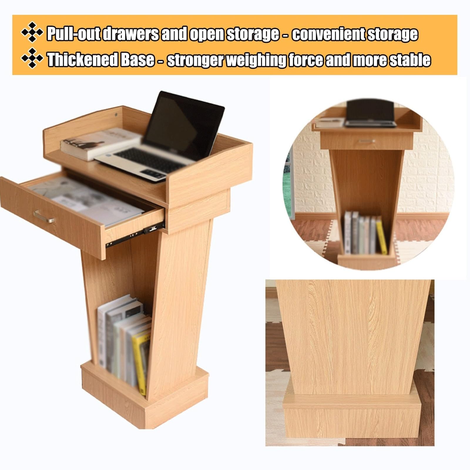 Pupitre en Bois, Support de Sol, pupitre d'église, Bureau avec tiroir de Rangement | Pupitre de présentation sur pied for hôtesse avec tiroir et rangement ouvert