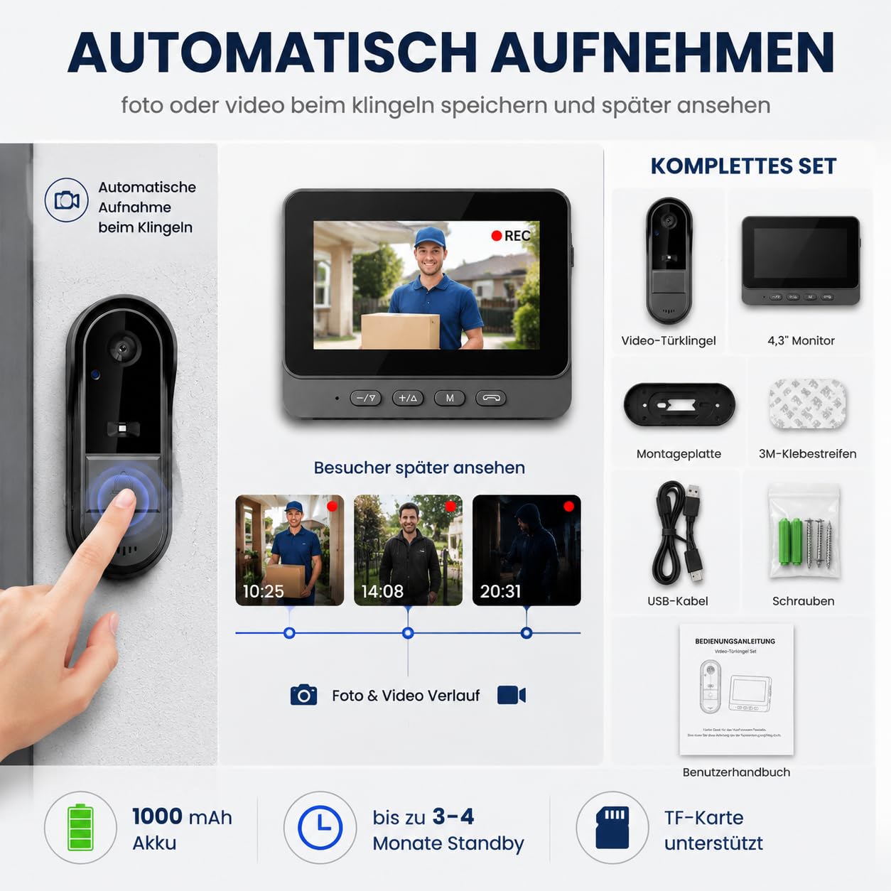 TKMARS Video Türklingel Kabellos Videotürklingel mit Monitor 170°Türklingel mit Kamera Unterstützt Bidirektionale Kommunikation und Automatische Erfassung