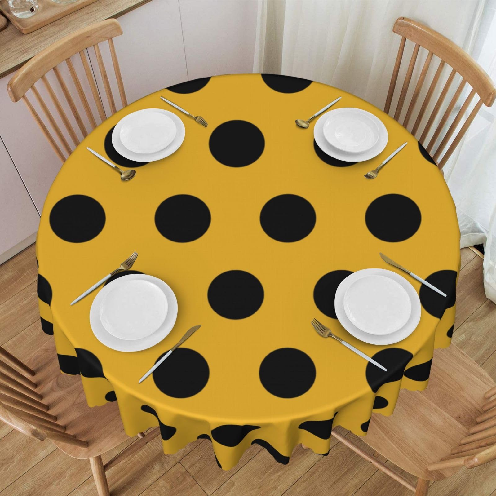 Nappe ronde à pois noirs imprimée pour table de jardin sans pli