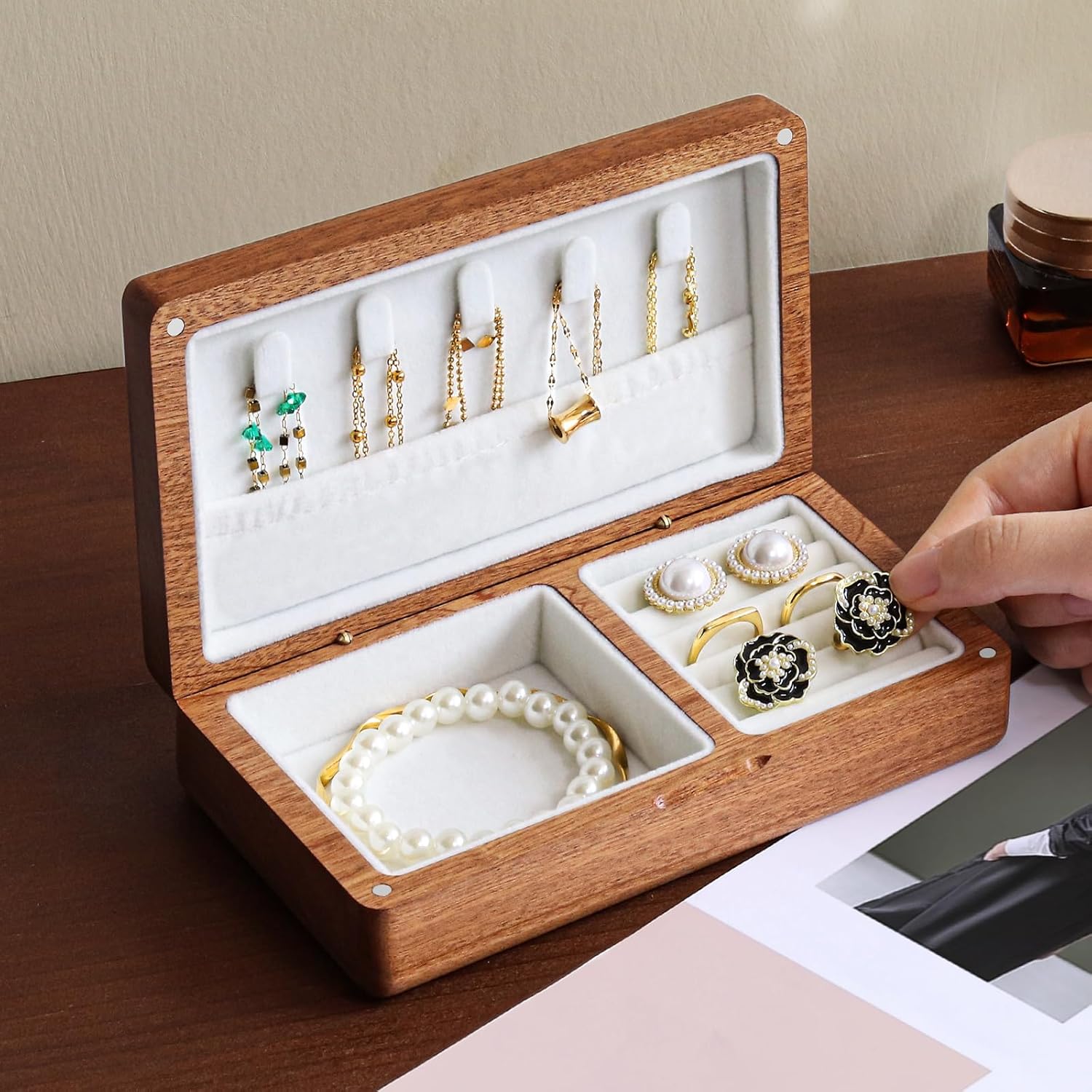 LadyRosian Wooden Small Jewelry Box - Mini Wood Travel Jewelry Case Portable Organizer for Rings, Earrings, Necklaces & Bracelets Storage Women Girls Men,Sapele