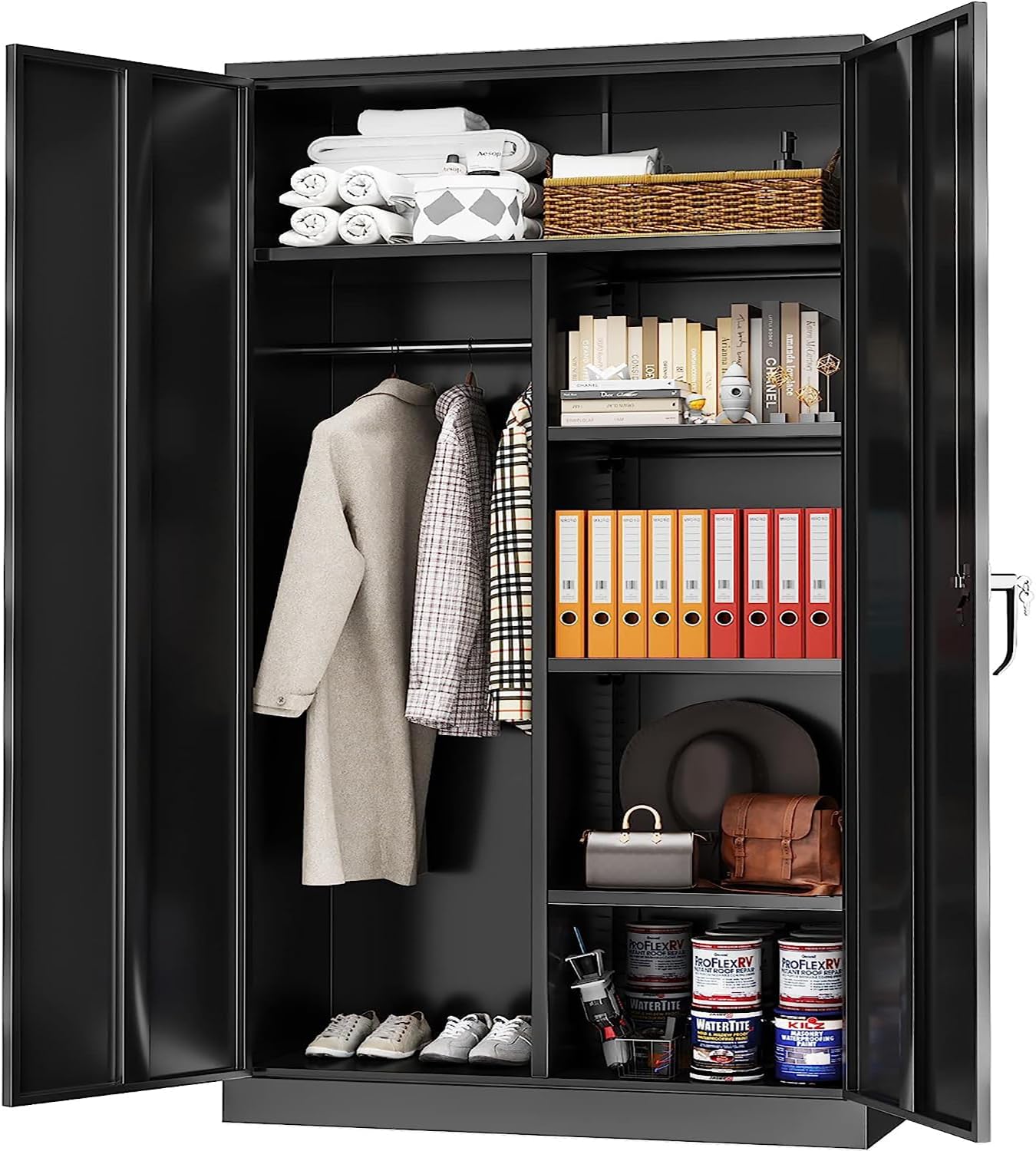 Greenvelly Metal Storage Cabinet with Locking Doors, 72" Tall Metal Storage Wardrobe Cabinet, Steel Storage Freestanding Wardrobe with Hanging for Home Office, Garage, School, Gym