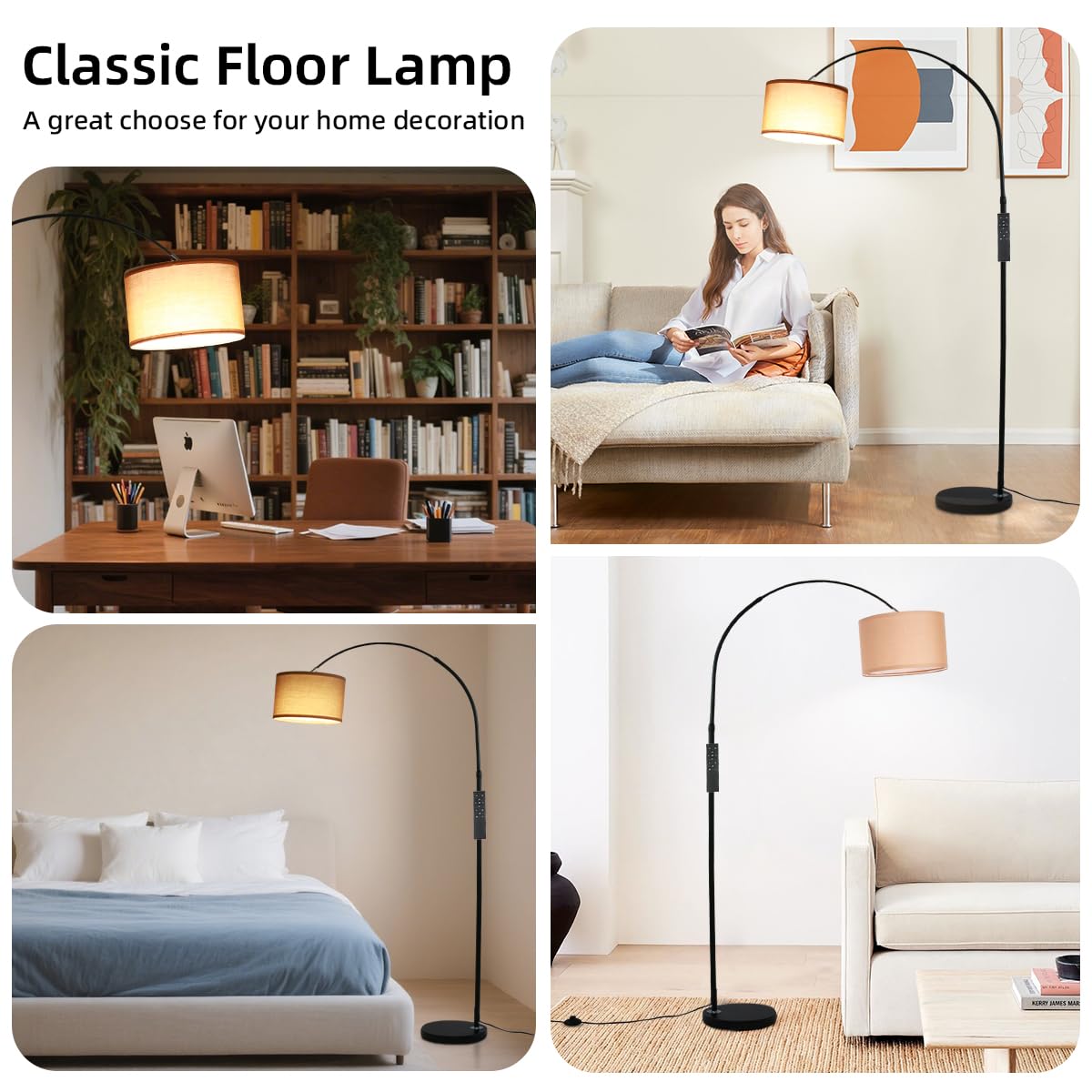 ANTENLICHT AURA Lampada ad Arco con Telecomando | Lampada da Terra Dimmerabile | Con LED E27, Paralume in Lino 33 cm Marrone | Interruttore a Pedale | Design Vintage per Camera, Hotel