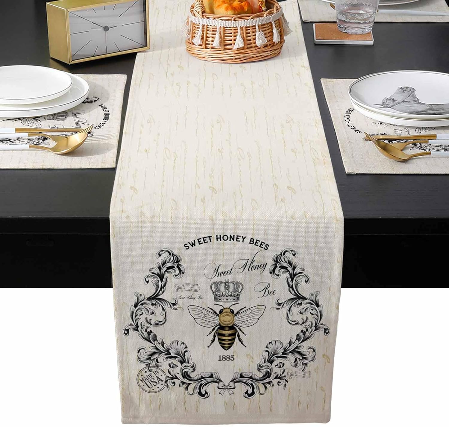 YOKOU Table Runner and Placemats Set 6 Pack,Sweet Honey Bee Vintage Floral Print Cotton Linen Dining Table Decoration Washable Tabletop for Home Decor Daily Use