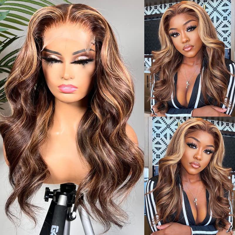 Maycaur Brown Blonde Mixed Color Wavy Hair Full Lace Human Hair Wigs Pre Plucked Glueless Body Wave Lace Front Wigs With Natural Baby Hair 150 Density(22Inch, lace front wig)