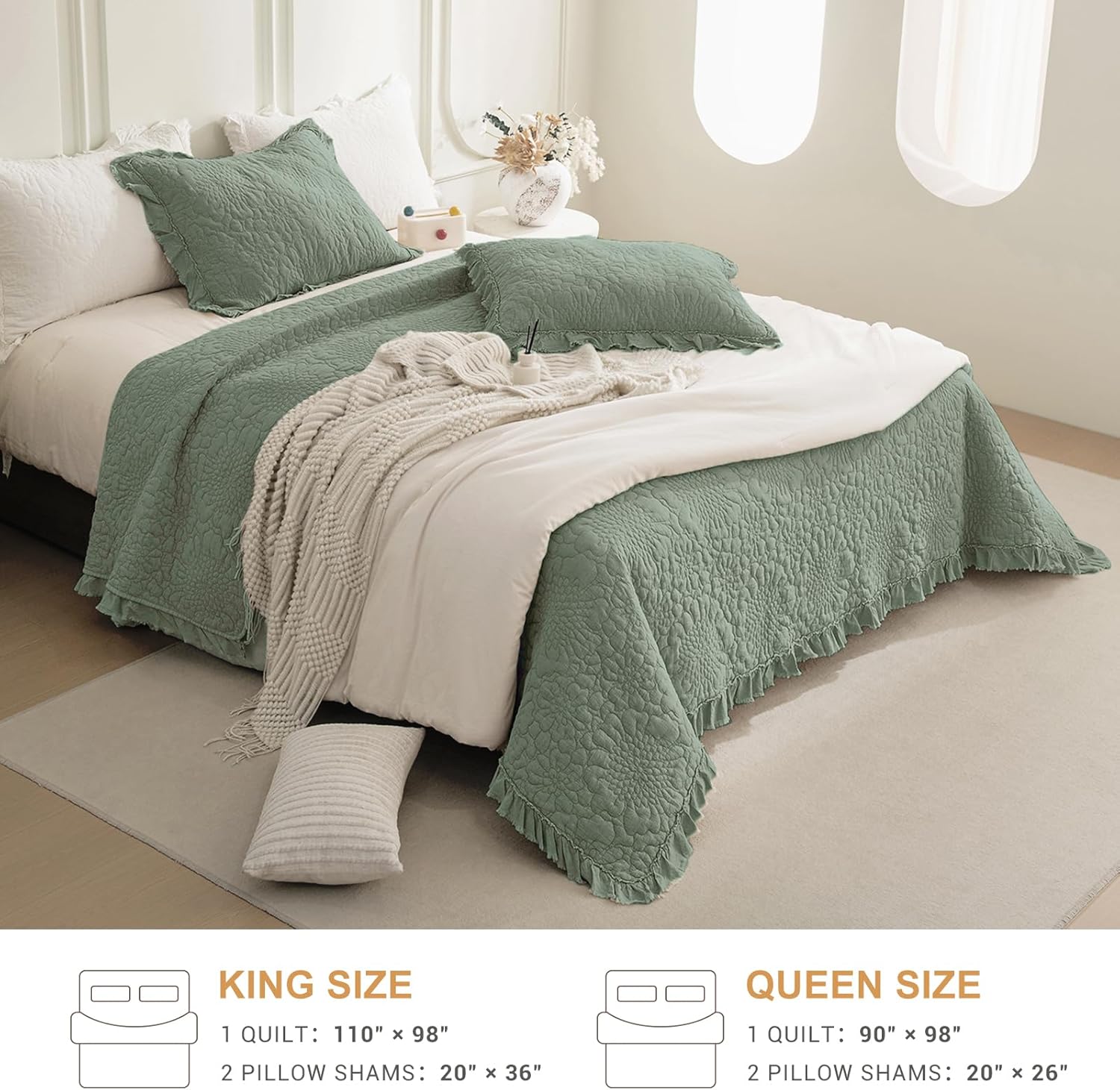 QSH 3PCs Stonewashed Cotton Quilt King (110"x98"),Olive Green Ruffle Quilt King Size Bedding Set,Ultra Lightweight Soft Crinkled Bedspread Coverlet King Shabby Farmhouse Chic Bedding for All Seasons