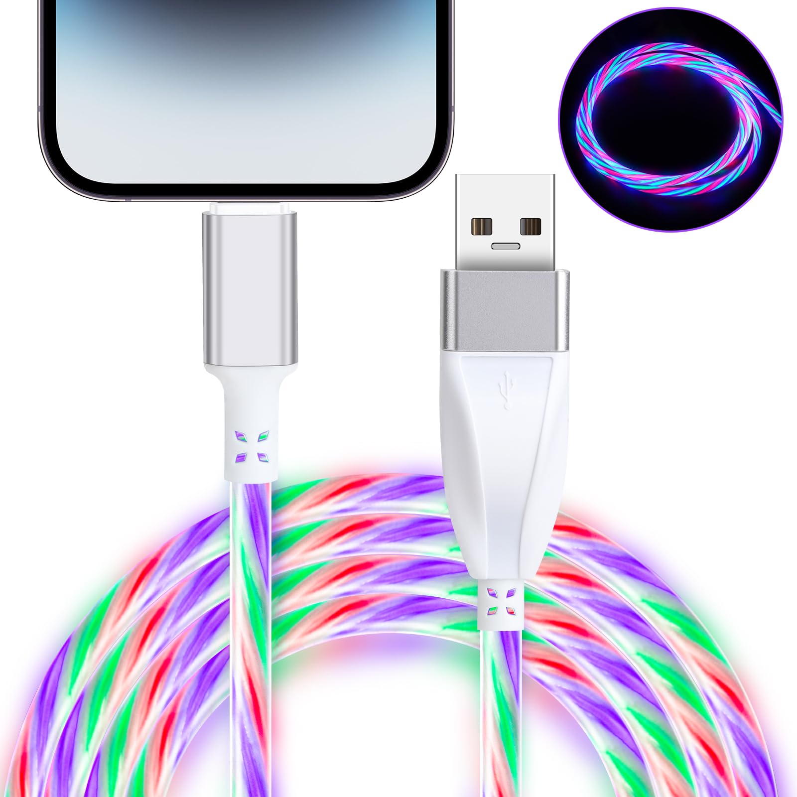 Vunakefor iPhone Charger Cable for iPhone Charger USB to Phone Port Cable 2M 60W Fast Colorful Charging Cable for iPhone 14 Pro Max 13 12 11 XR SE iPad-Colorful