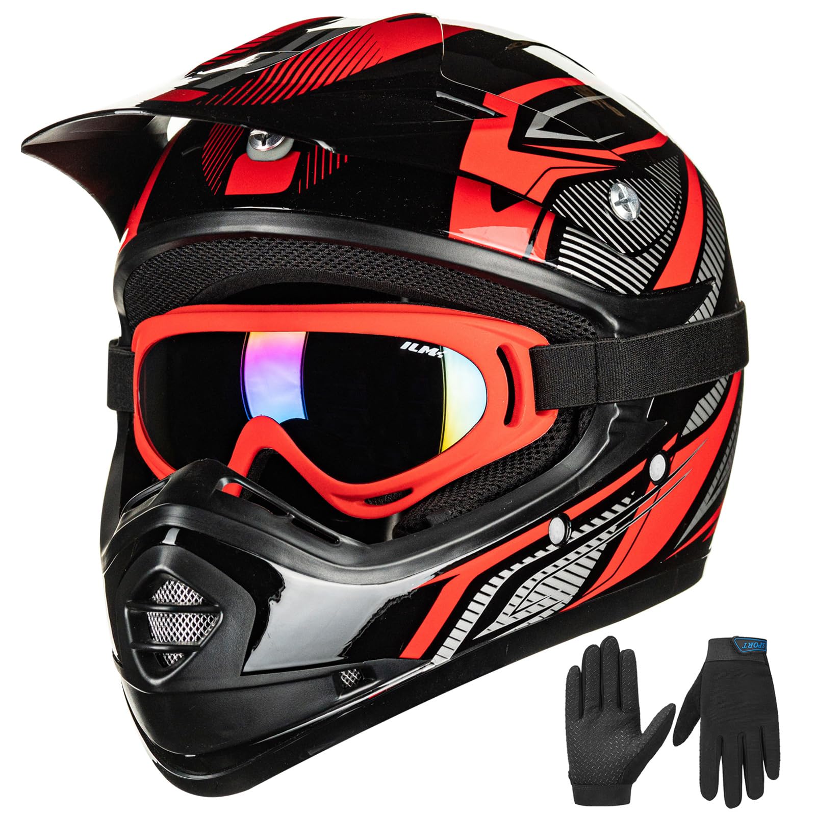 ILM Youth Kids ATV Motocross Helmet Goggles Sports Gloves Dirt Bike Motorcycle Off Road DOT Approved B07 (Youth-S, Red/Silver) : Automotive