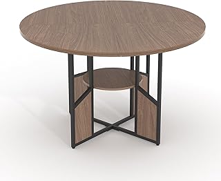 GAOMON Round Dining Table, 59 in for 4-6, Farmhouse Dinner Table with Wooden Tabletop, Metal Pedestal Base with Adjustable Feet, Space Saving for Living Room, Dining Room, Walnut