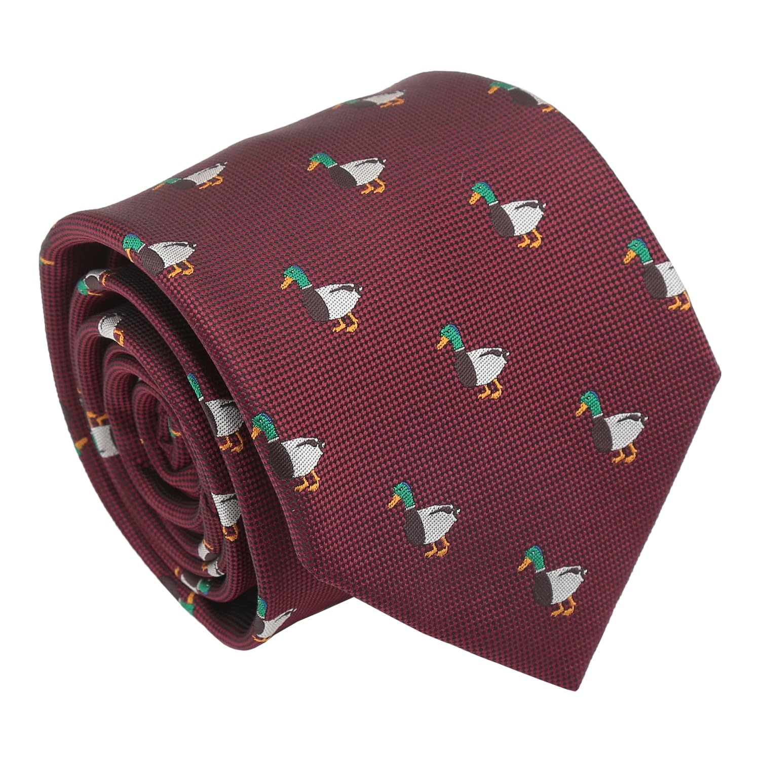 DQT Men's Embroidered Animal Design Novelty Classic Tie (Burgundy Mallard Wild Duck)