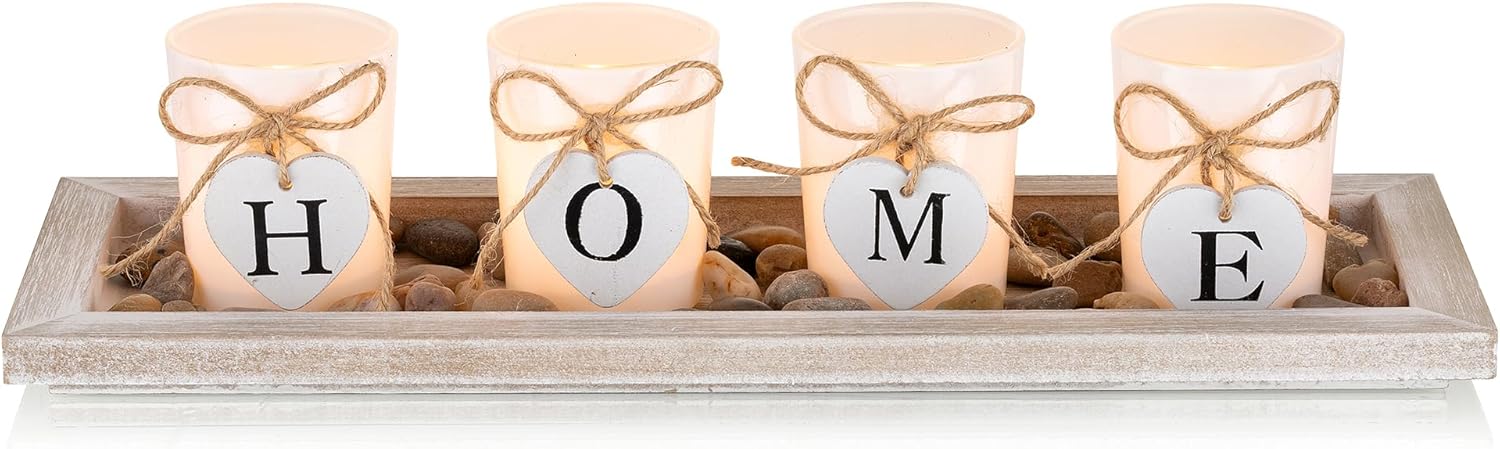 Romadedi Farmhouse Centerpiece Candle Holder Decor - Rustic Wooden Tray with 4 Glass Tealight Candles Holders for Coffee Table Home Decorations Living Room Fireplace Kitchen Housewarming Gifts