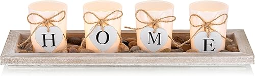 Romadedi Portavelas de centro de mesa de granja, bandeja de madera rústica con 4 portavelas de cristal para mesa auxiliar, decoración del hogar,