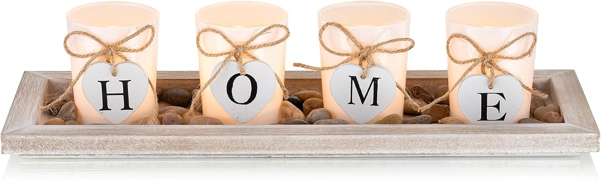 Romadedi Tealight Candle Holder, Whitewashed Wood Tray with 4 Glass Cups