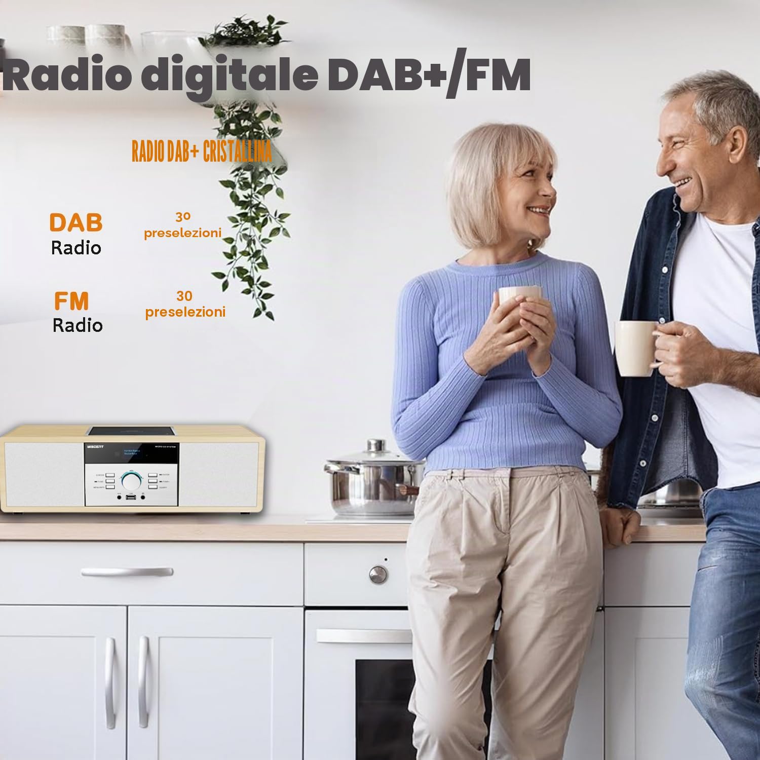 Impianto Stereo Casa Hi-Fi Radio DAB+ Lettore CD Bluetooth 5.0 FM USB 30W Design Retro Legno