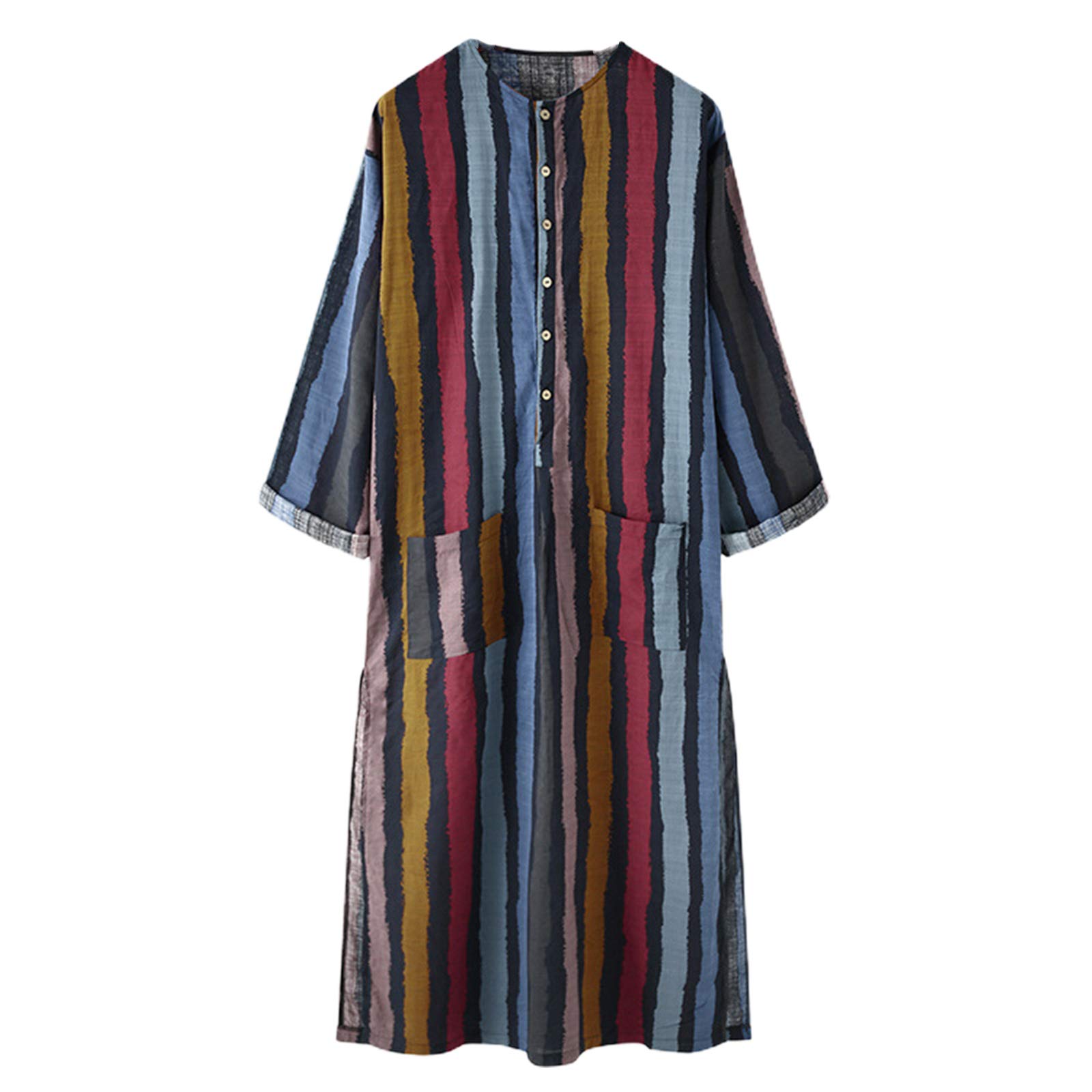 FUIW FUIW Hombres Bata de Kaftan a Rayas de Colores Botones árabes Tops Sueltos de Tuic - Rojo # XL