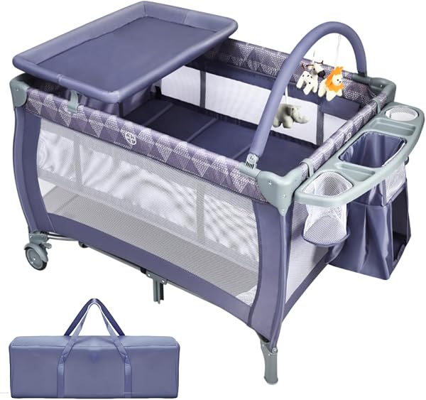 Maxmass 3 in 1 Baby Travel Cot, Foldable Bedside Crib with Changing Table, Hanging Toys, Wheel, Carry Bag, Infants Nursery Center Baby Cot Bed for 0-36 Months (Gray) - 1