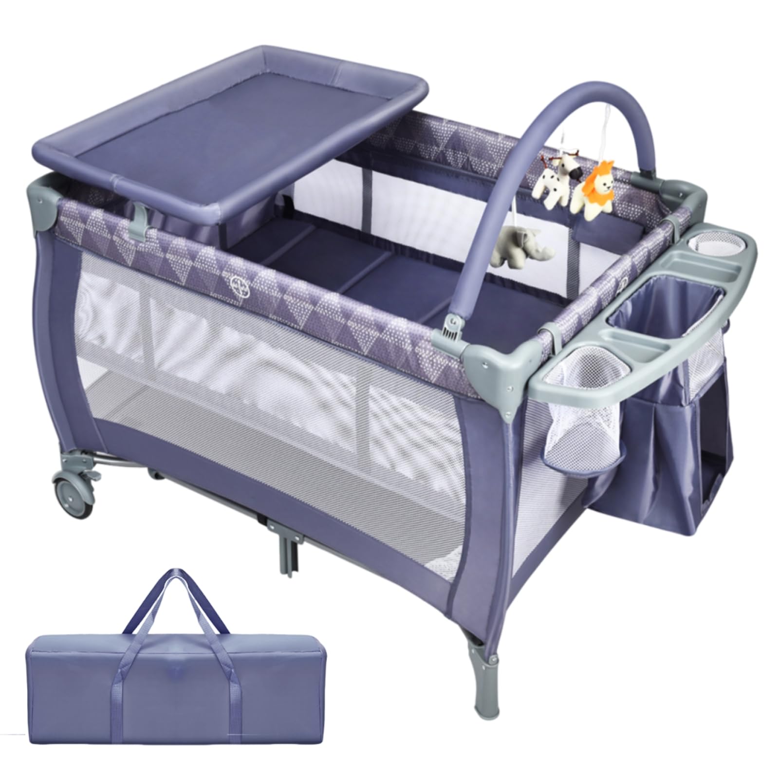 Maxmass 3 in 1 Baby Travel Cot, Foldable Bedside Crib with Changing Table, Hanging Toys, Wheel, Carry Bag, Infants Nursery Center Baby Cot Bed for 0-36 Months (Gray)