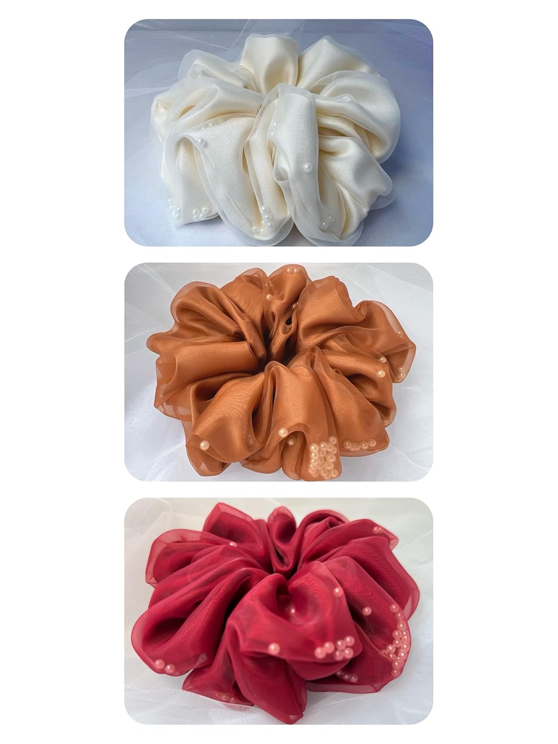 Organza Jumbo Scrunchie for Hair, Oversized Tulle Ruffle Elastic Hair Tie Scrunchie for Women, with Gracefully Shifting Pearls Design - 3 PCS (Colors: Ivory, Bronze, Red)