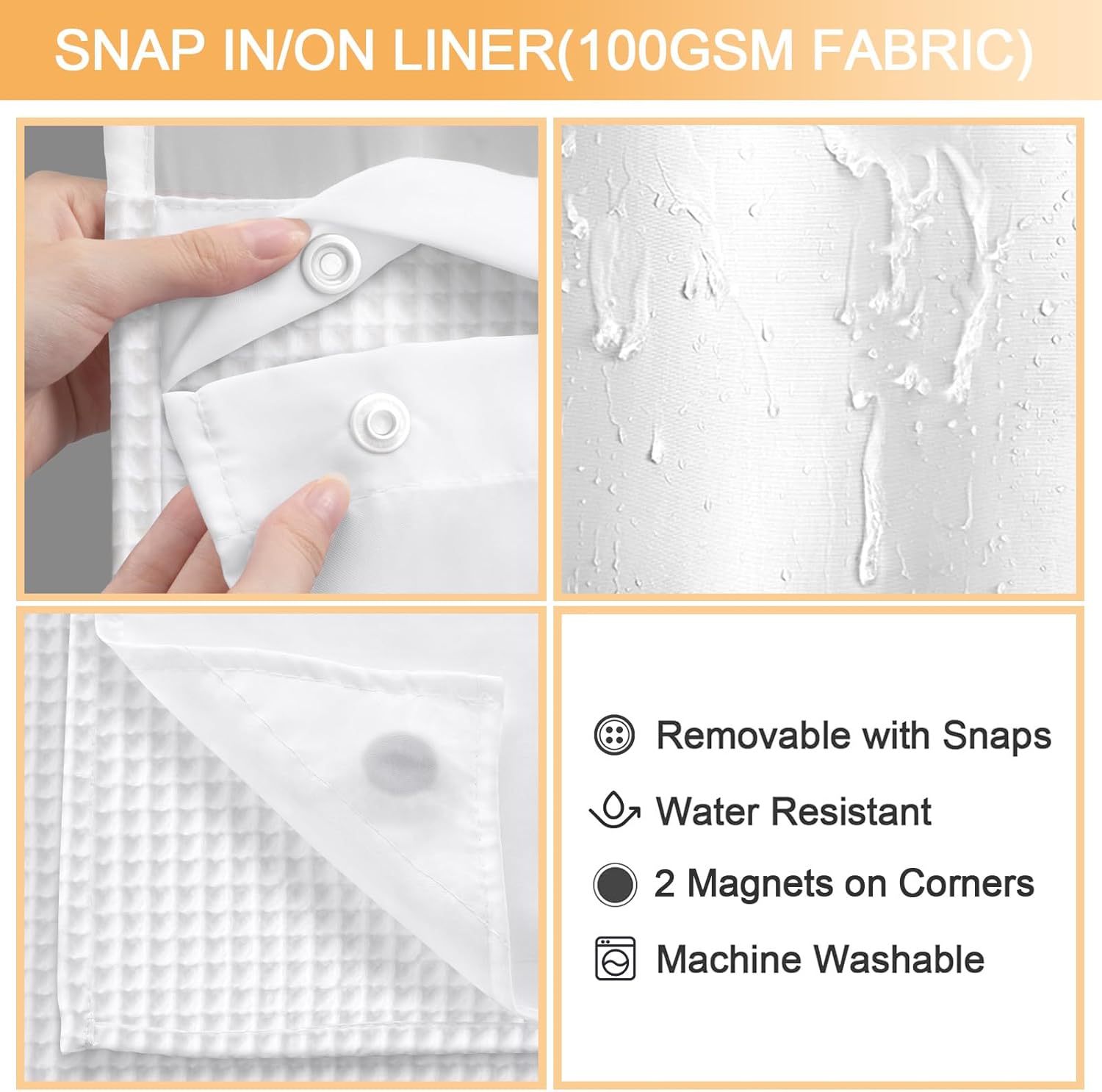Cotton No Hook Shower Curtain with Snap in Liner Set Less Time White Waffle Weave Shower Curtain for Bathroom 75" L x 72" W