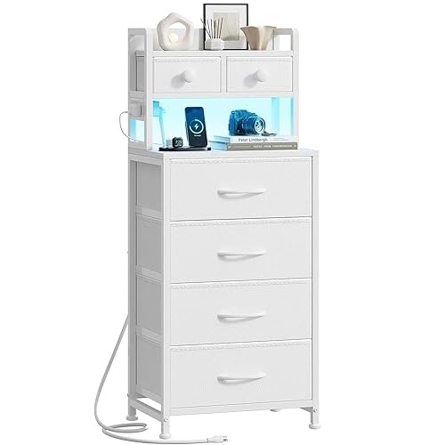 REAHOME 41 Inch Tall Nightstand with Charging Station, LED Night Stand with 6 Fabric Drawers, Bed Side Table with 3-Tier Wood Storage Shelves for Bedroom, Office, Small Spaces, White - White