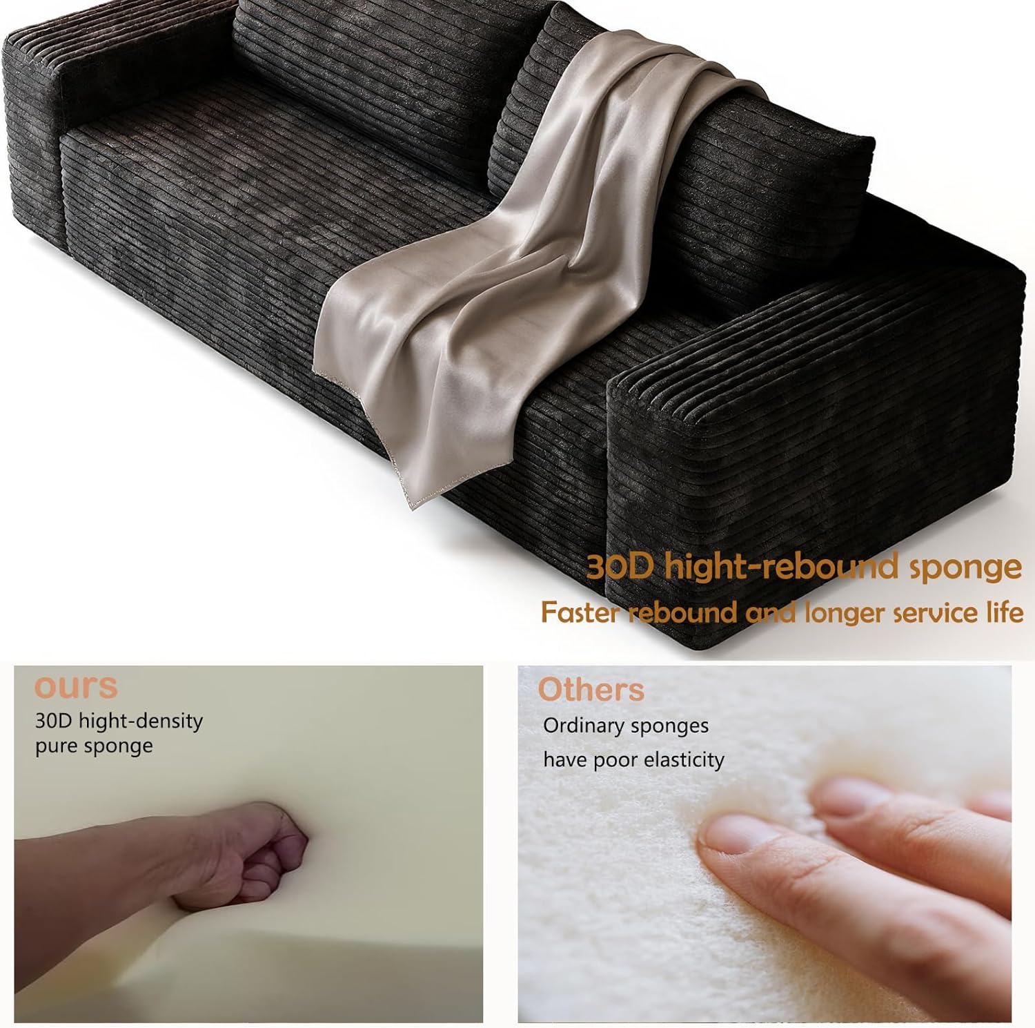 71" Loveseat Sofa, Boneless Corduroy Modular Couch, No Assembly Required Cloud Sofa with Deep Seat Memory Foam for Small Spaces, Comfy Couch for Apartment Living Room and Office (Black)