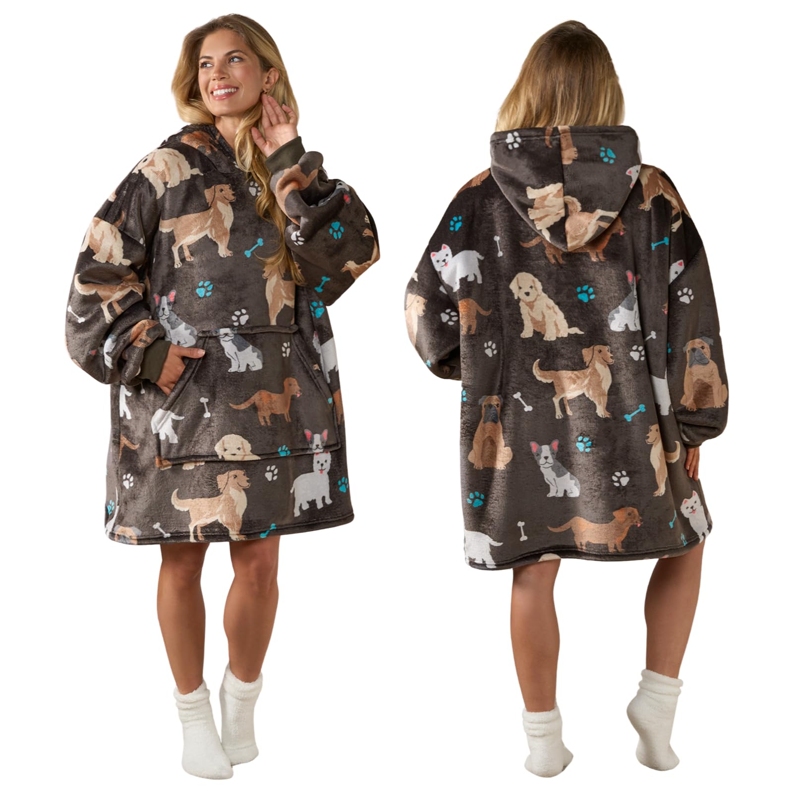 OHS Pet Dog Hoodie Blanket Women, Sherpa Fleece Winter Christmas Snuggle Hoodie Warm Soft Fluffy Wearable Hoodie Blanket for Women - One Size, Charcoal Grey