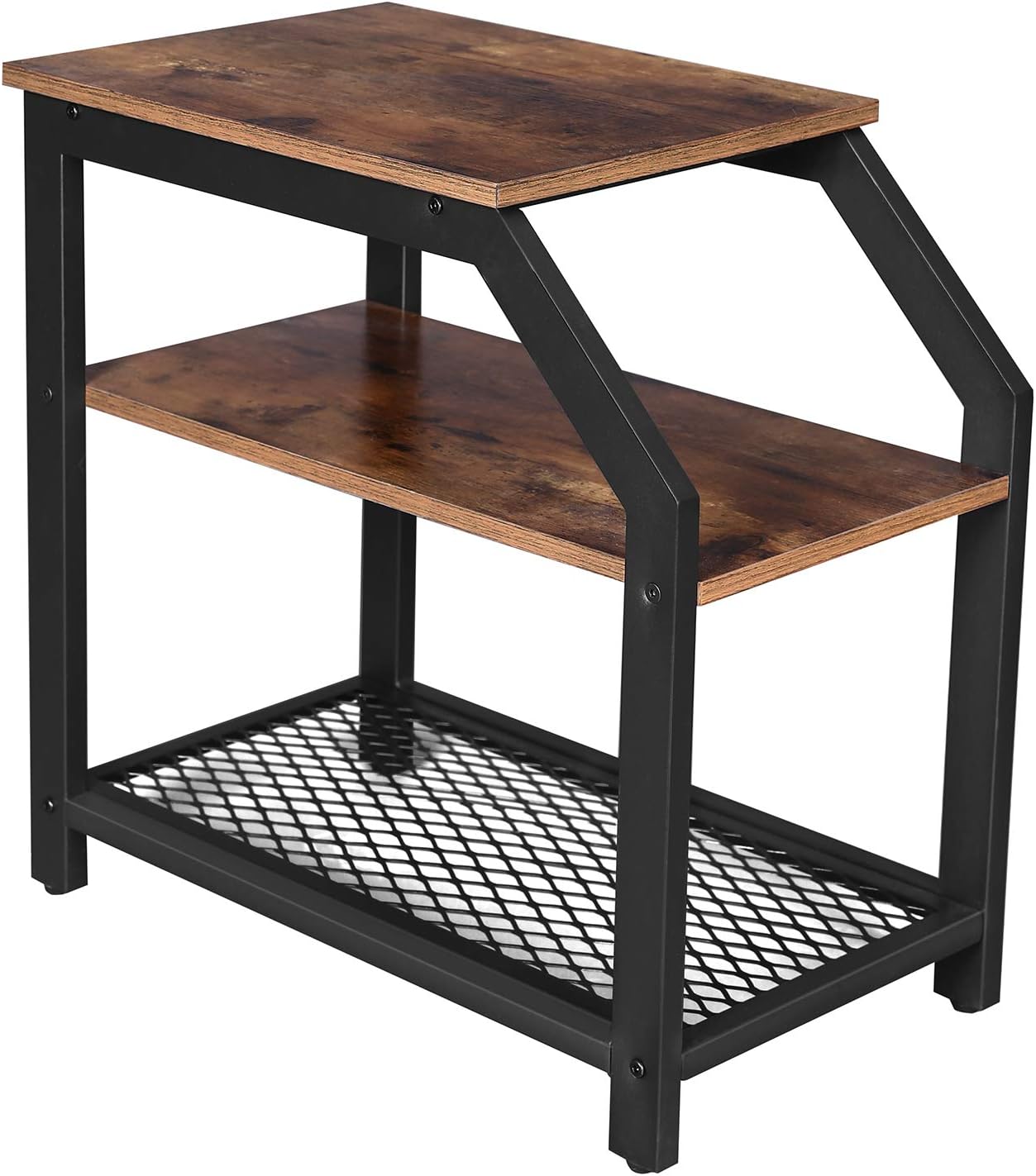 VASAGLE Industrial Side Table, End Table with Storage Shelves and Metal Mesh Shelf, in Living Room, Bedroom, Easy Assembly, Sturdy, Rustic Brown LNT58BX