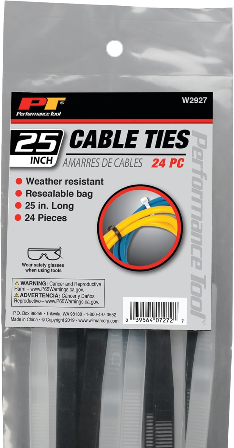 Performance Tool W2927 24pc 25" Cable Tie Set, Black and White With Tensile Strength 175 Lbs