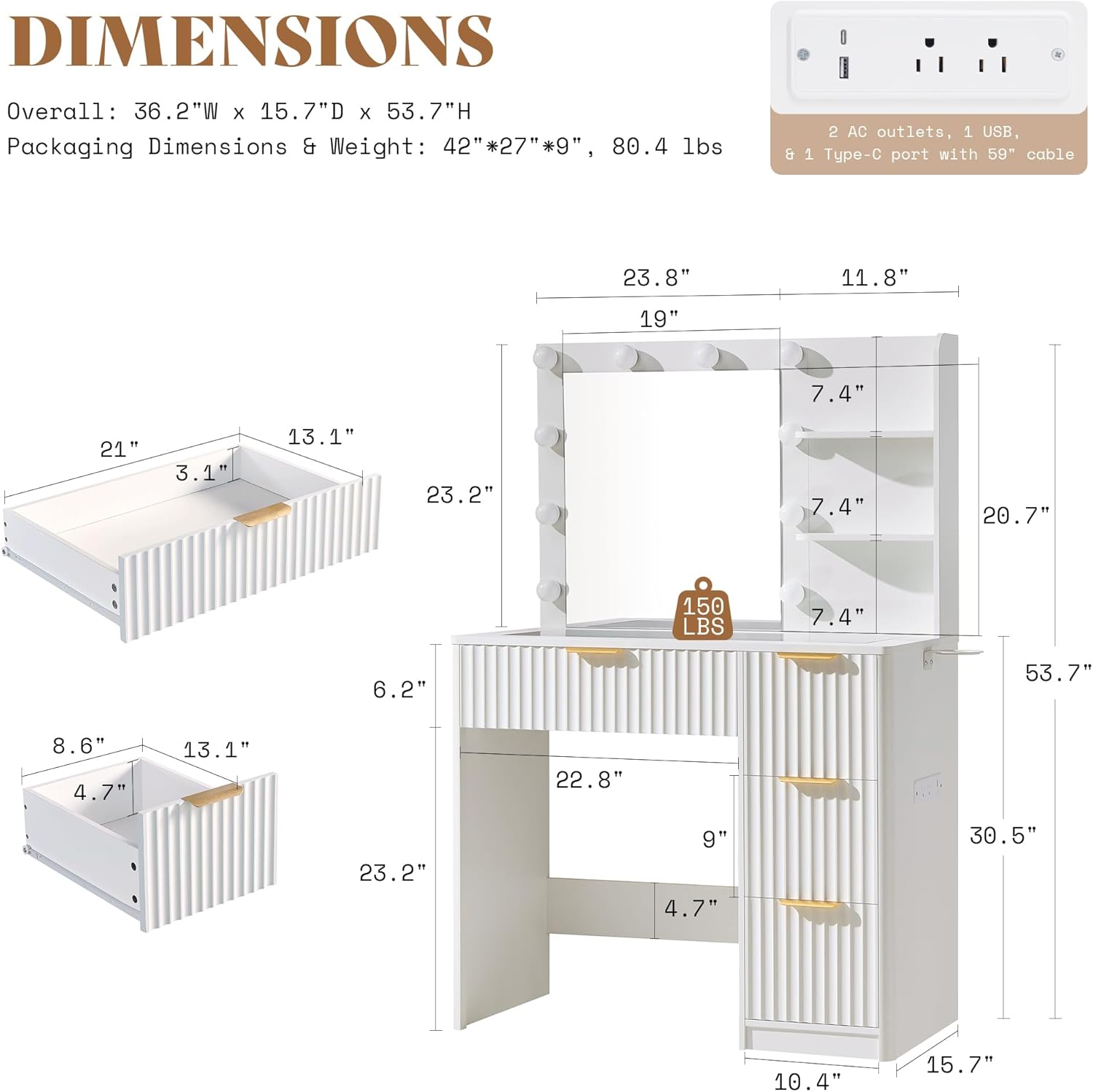 Detailed dimensions of the AMERLIFE 36.2 inch Fluted Vanity Desk